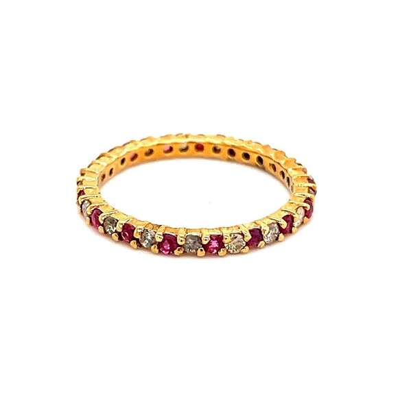 18K Gold Alternating Diamonds & Rubies Eternity Band Ring - Picture 1 of 12